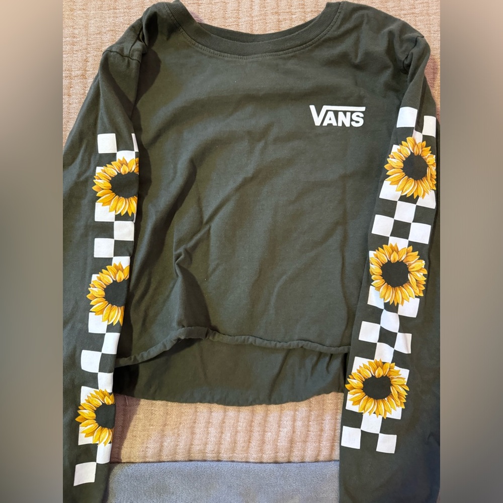 Vans Small Checkered Olive Green Cropped Long Sleeve Sweater With Sunflowers
